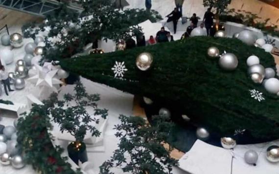 Cae árbol de Navidad gigante en una plaza; una persona resultó herida