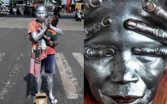 Abuelita se convierte en estatua viviente para mantener a su nieto