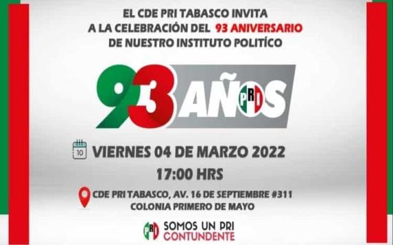 Comité Directivo Estatal de PRI convoca a conmemorar el 93 Aniversario de la fundación del instituto político