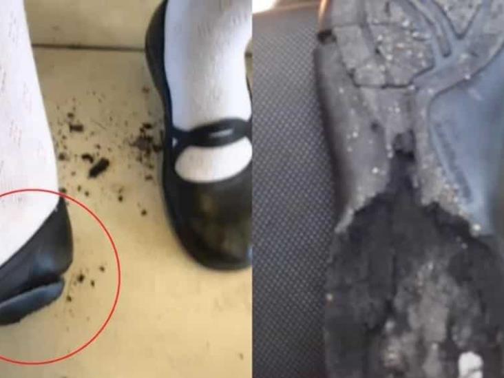 Por el calor, se derrite zapato de joven en la escuela Por el calor, se derrite zapato de joven en la escuela