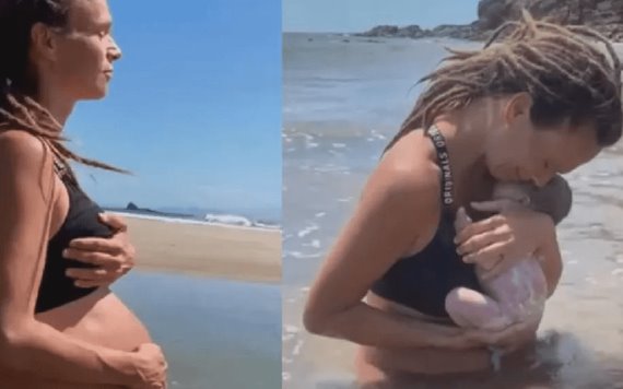 Video: Mujer disfruta su "parto gratis" hincada en la orilla de una playa