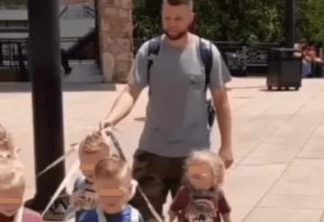 No son perros": Padre es criticado en redes por salir a pasear con sus 5 hijos con correa