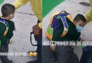 Niño se va de espaldas por el peso de su mochila durante primer día de clases