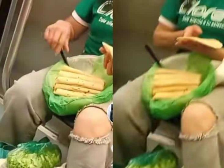 ¡Tortilla en mano! Captan a mujer que prepara tacos justo en el vagón del metro ¡Tortilla en mano! Captan a mujer que prepara tacos justo en el vagón del metro