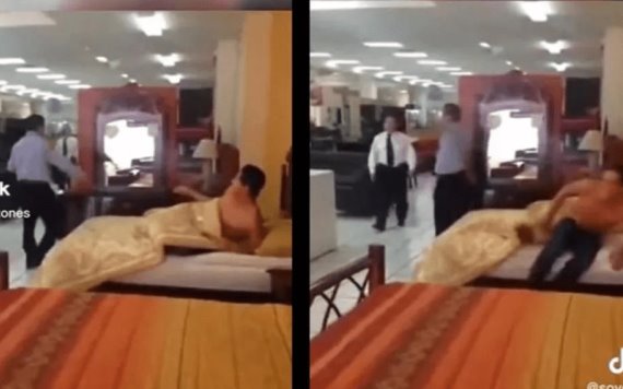 ¡No dejan dormir en paz! Hombre se duerme en cama de mueblería; lo quieren sacar y se hace viral: "llámale a los estatales"