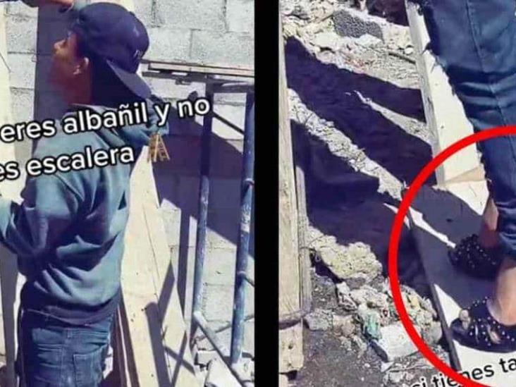 Albañil utiliza tacones para trabajar a falta de escaleras; usuarios aplauden ingenio Albañil utiliza tacones para trabajar a falta de escaleras; usuarios aplauden ingenio