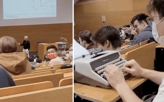Alumno lleva máquina de escribir, el sonido particular se hizo viral en redes