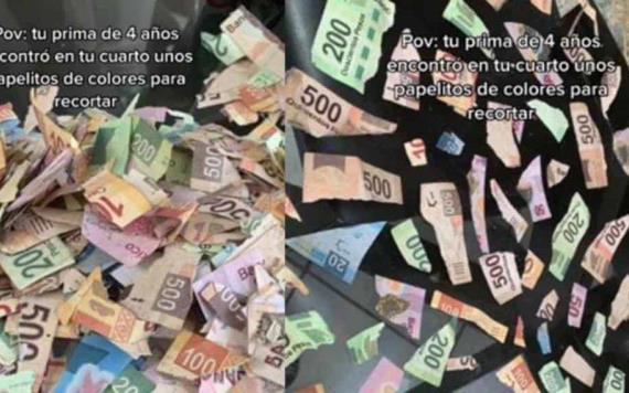 Niña confunde billetes con papelitos de colores y recorta miles de pesos