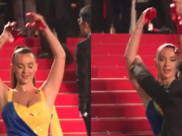 Una activista protesta en plena alfombra roja de Cannes y se cubre de sangre falsa Una activista protesta en plena alfombra roja de Cannes y se cubre de sangre falsa