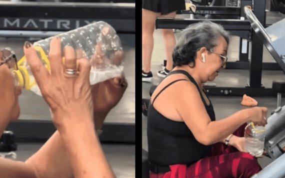 ¡Sin miedo al éxito! Abuelita lleva botella de mezcal para hidratarse en el gimnasio | VIDEO