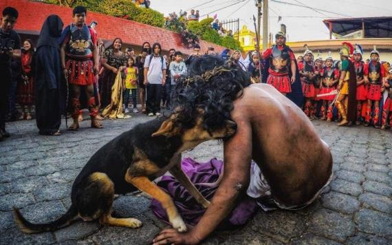 Perrito consuela a Jesús en Vía Crucis tras recibir latigazos en Guatemala