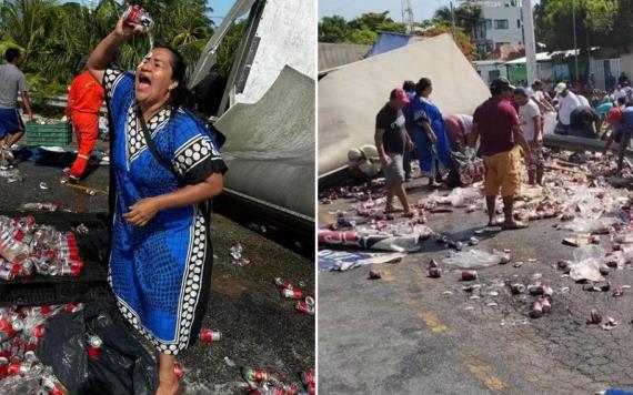 Mujer se baña en cerveza tras volcadura de camión en Campeche y se viraliza: una lavadita y pa la fiesta